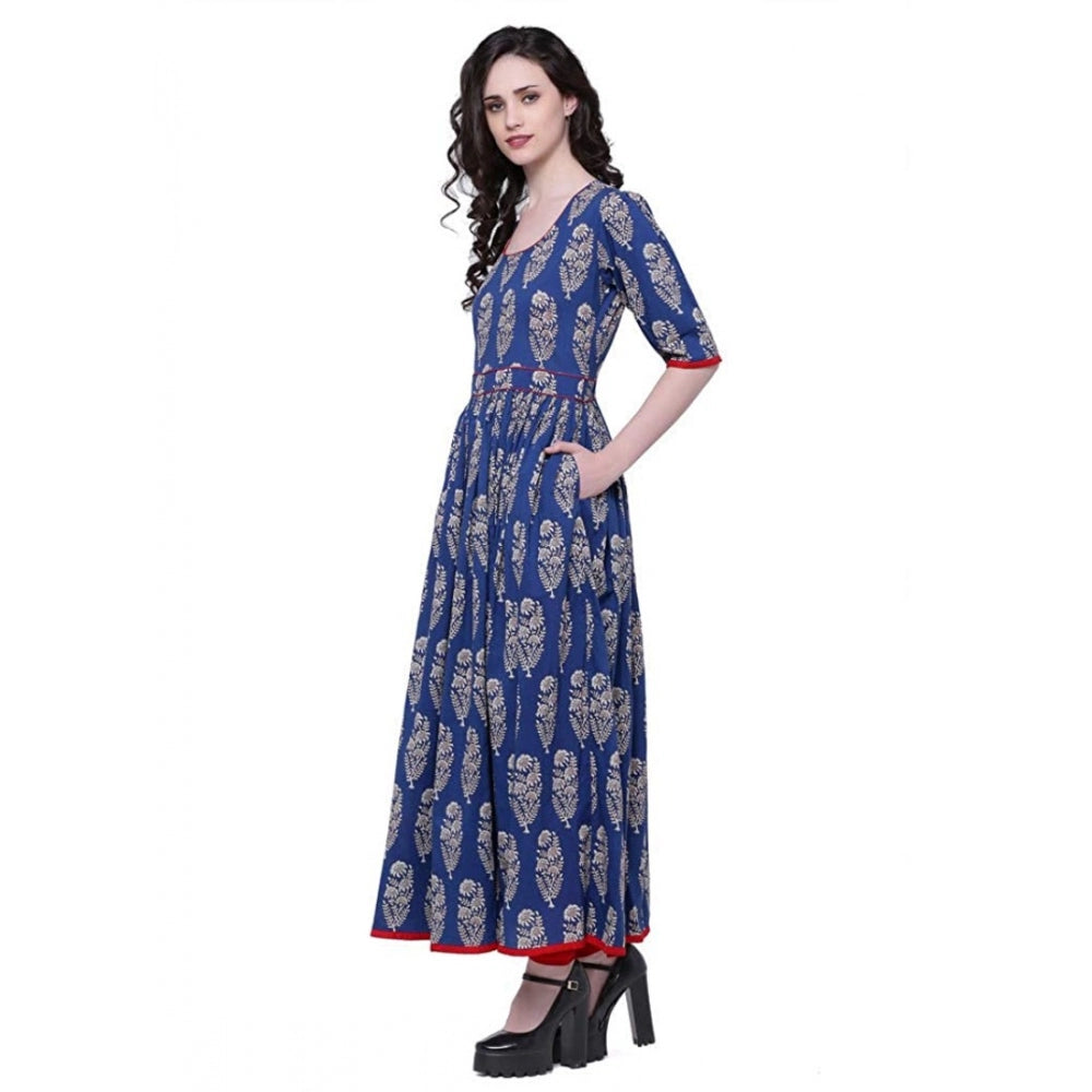 HD Women's Cotton Printed Anarkali Kurti (Blue, Cotton)