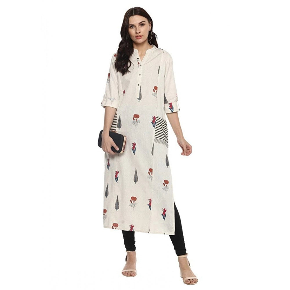 HD Women's Khadi Printed A Line Kurti (Off White, Khadi)
