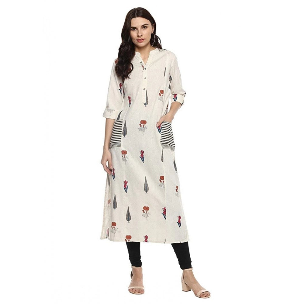HD Women's Khadi Printed A Line Kurti (Off White, Khadi)