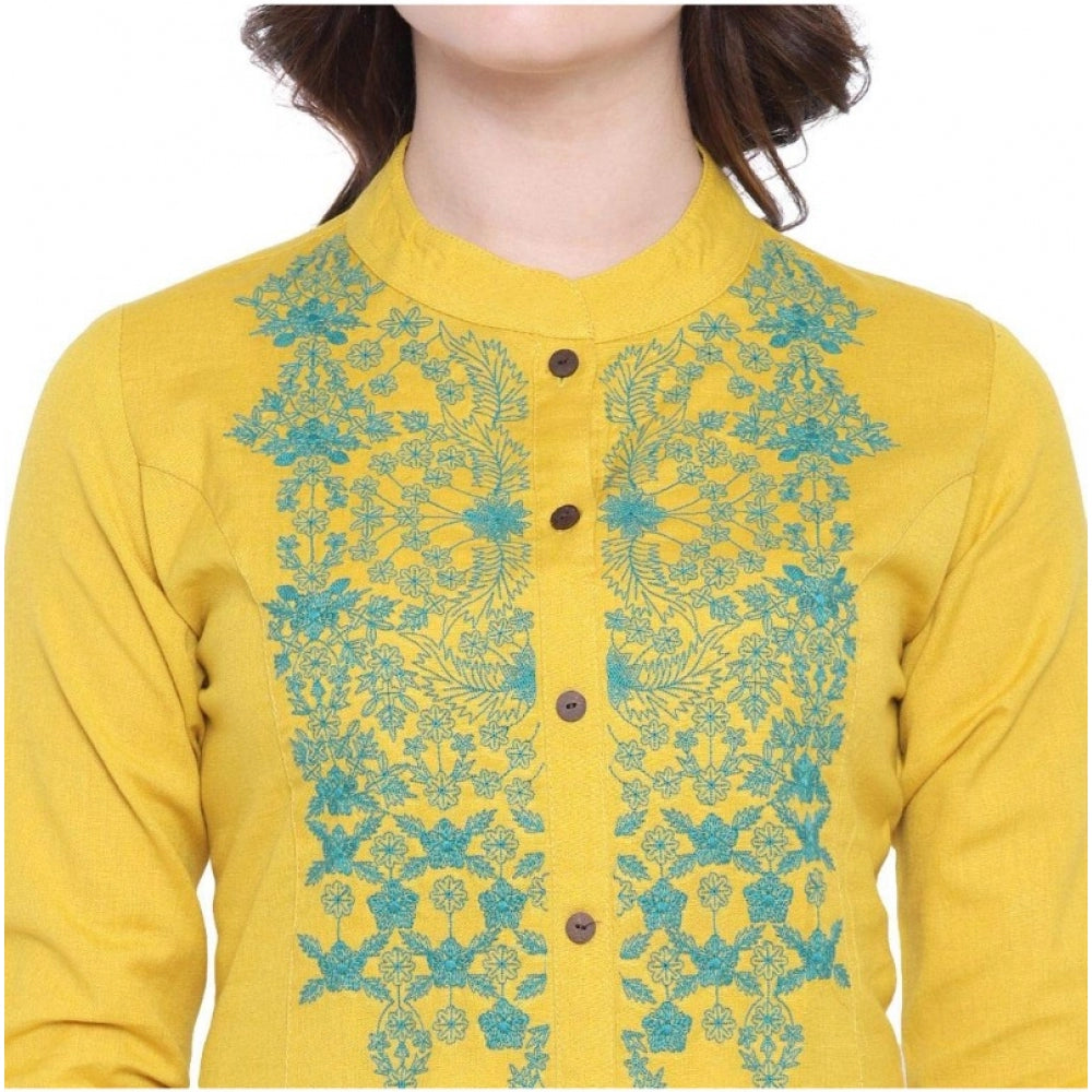 HD Women's Khadi Embroidered Kurti (Yellow, Khadi)