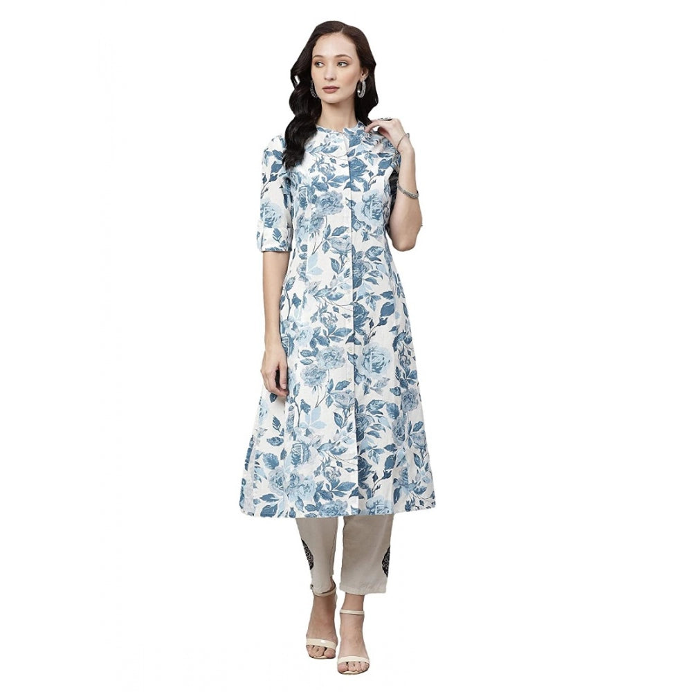 HD Women's Cotton Printed Floral Print Kurti (White, Blue, Cotton)