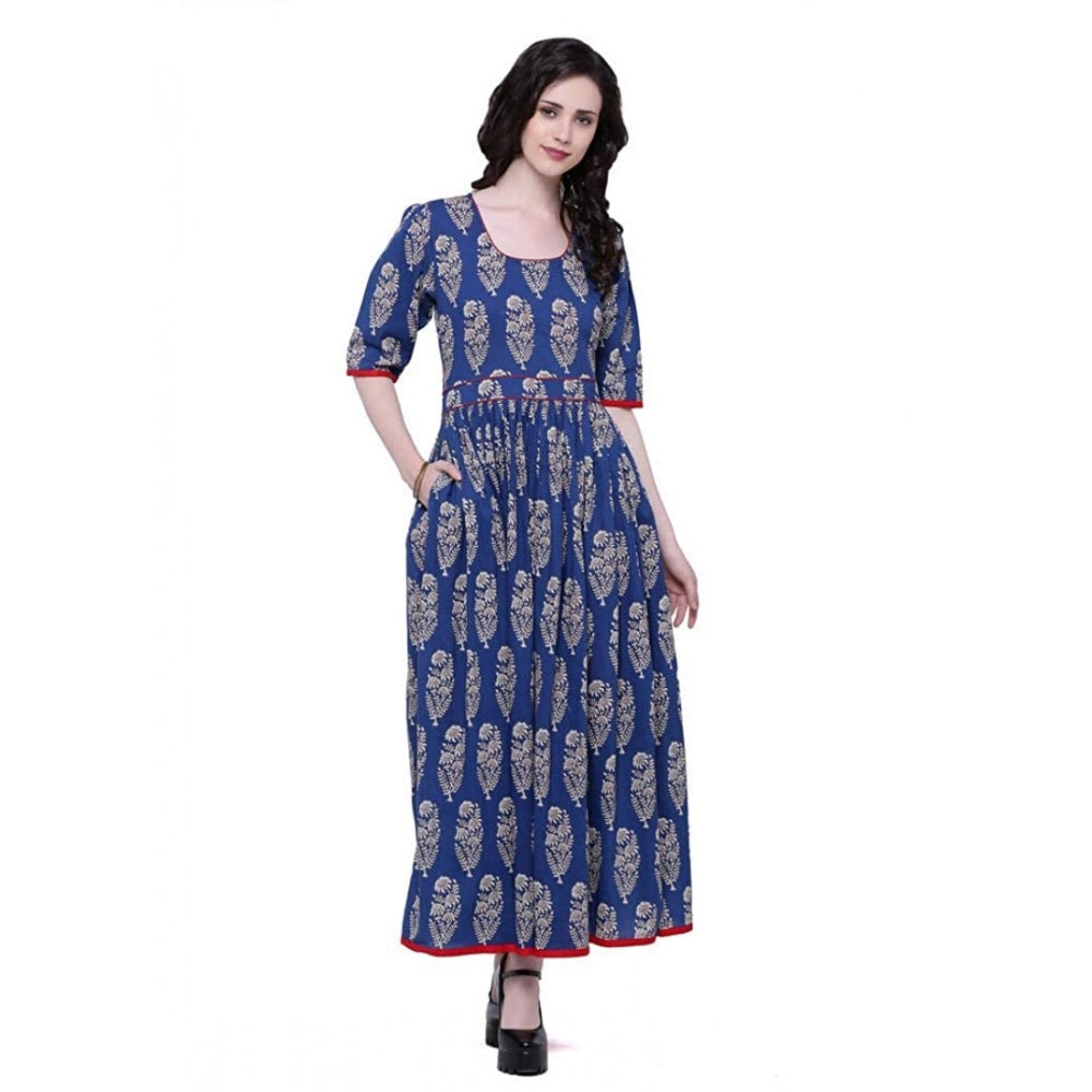 HD Women's Cotton Printed Anarkali Kurti (Blue, Cotton)