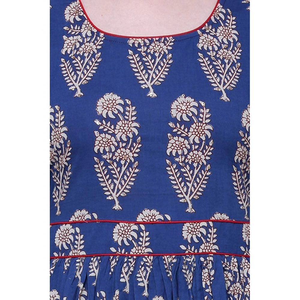 HD Women's Cotton Printed Anarkali Kurti (Blue, Cotton)