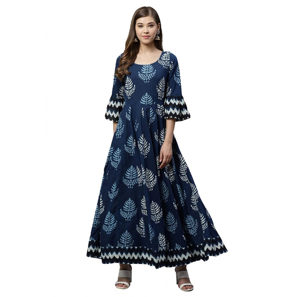 HD Women's Cotton  Printed Regular Kurti (Blue, Cotton )