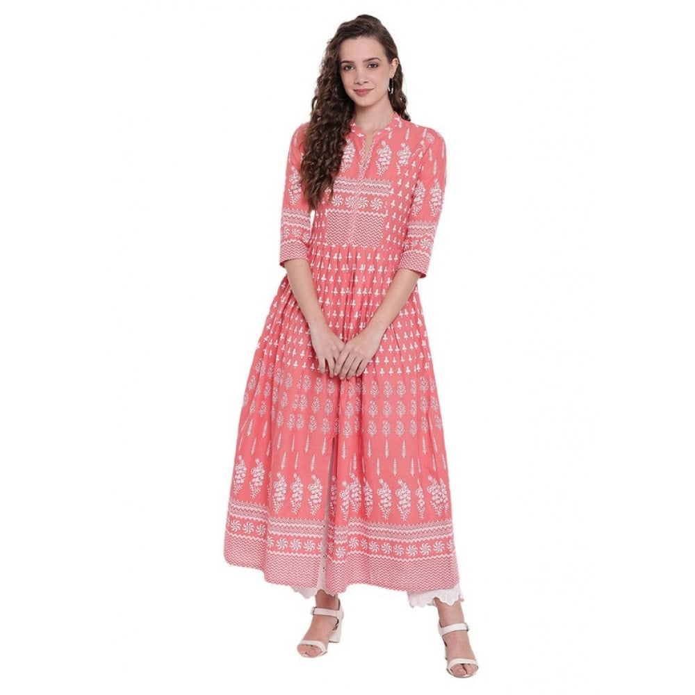 HD Women's Cotton Printed Regular Kurti (Peach, Cotton)