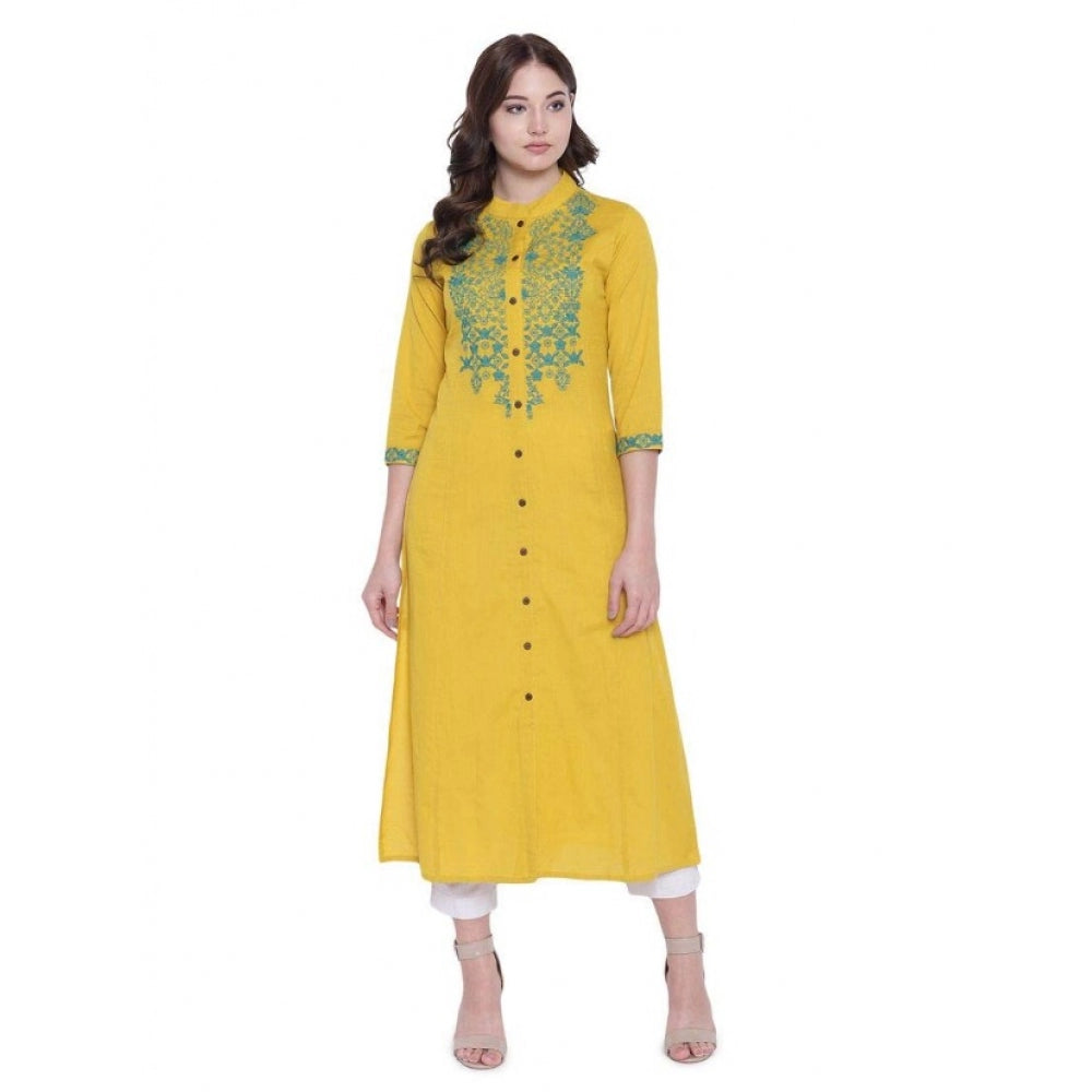 HD Women's Khadi Embroidered Kurti (Yellow, Khadi)