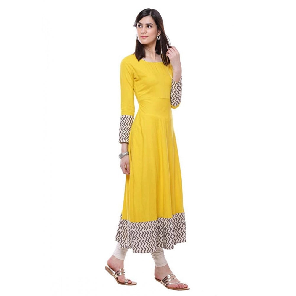 HD Women's Rayon Printed Solid Anarkali Kurti (Yellow, Rayon)
