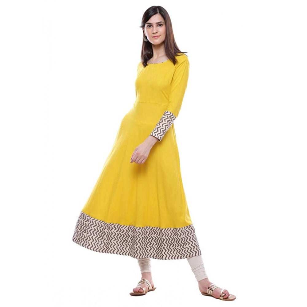 HD Women's Rayon Printed Solid Anarkali Kurti (Yellow, Rayon)