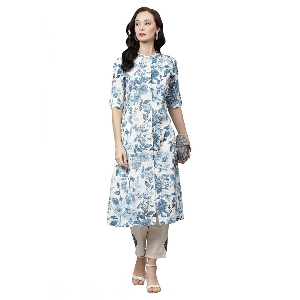 HD Women's Cotton Printed Floral Print Kurti (White, Blue, Cotton)