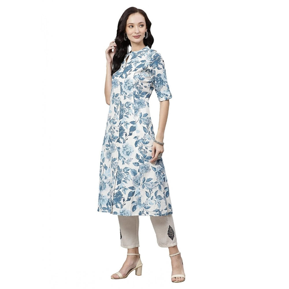 HD Women's Cotton Printed Floral Print Kurti (White, Blue, Cotton)
