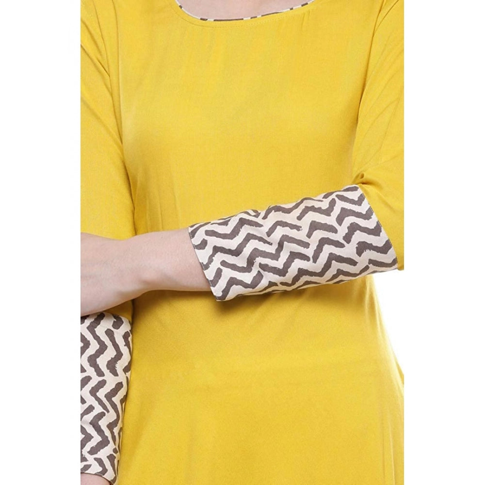 HD Women's Rayon Printed Solid Anarkali Kurti (Yellow, Rayon)