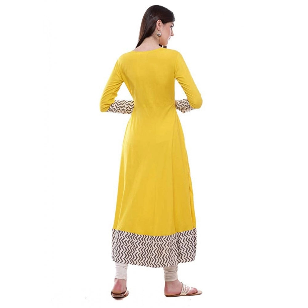 HD Women's Rayon Printed Solid Anarkali Kurti (Yellow, Rayon)