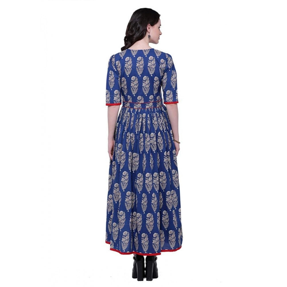 HD Women's Cotton Printed Anarkali Kurti (Blue, Cotton)