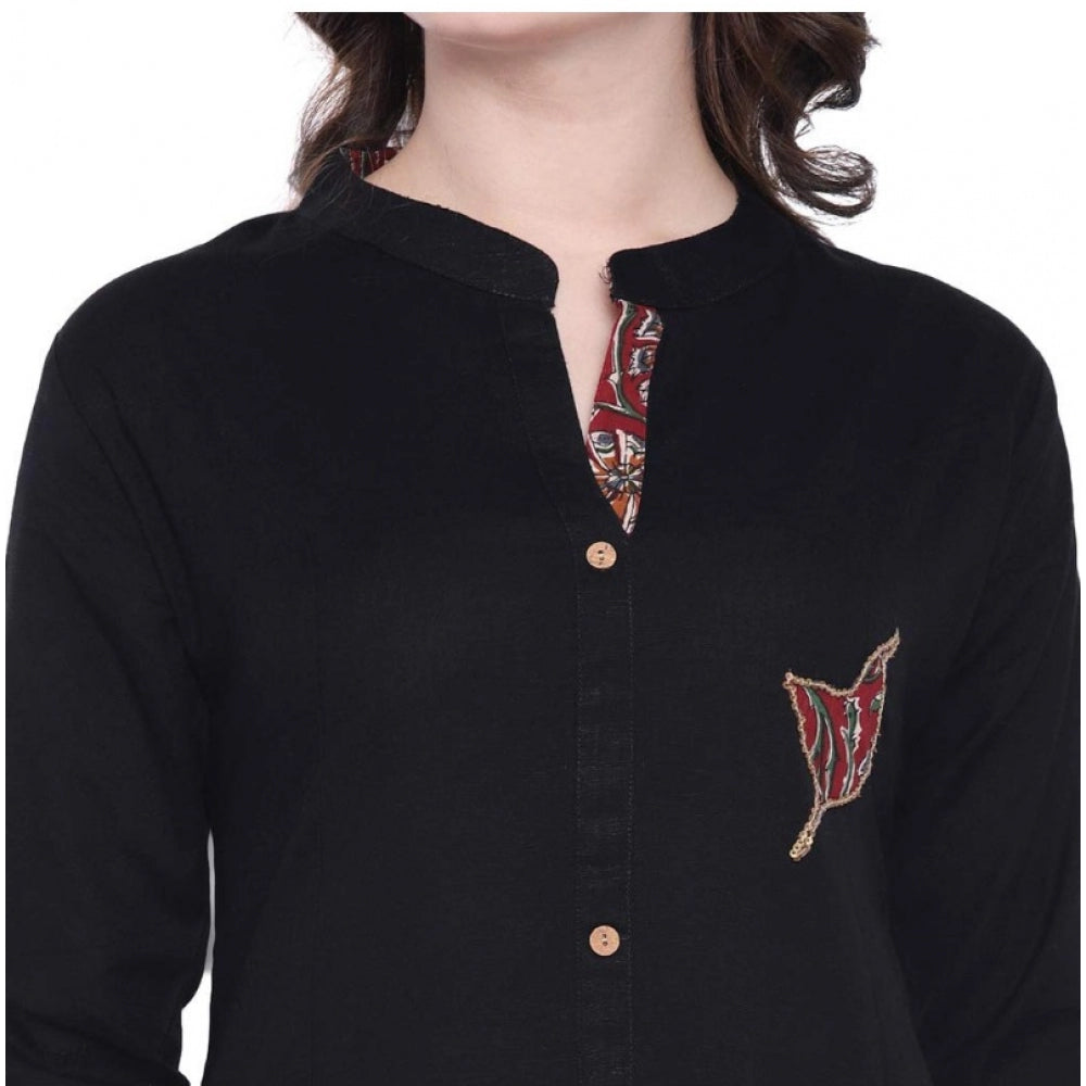 HD Women's Khadi Printed A Line Kurti  (Black, Khadi)