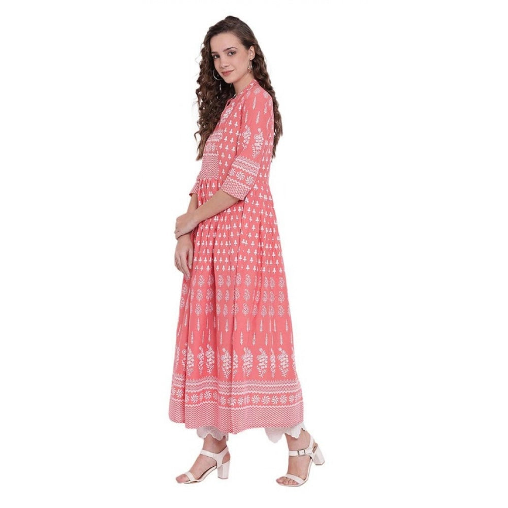 HD Women's Cotton Printed Regular Kurti (Peach, Cotton)