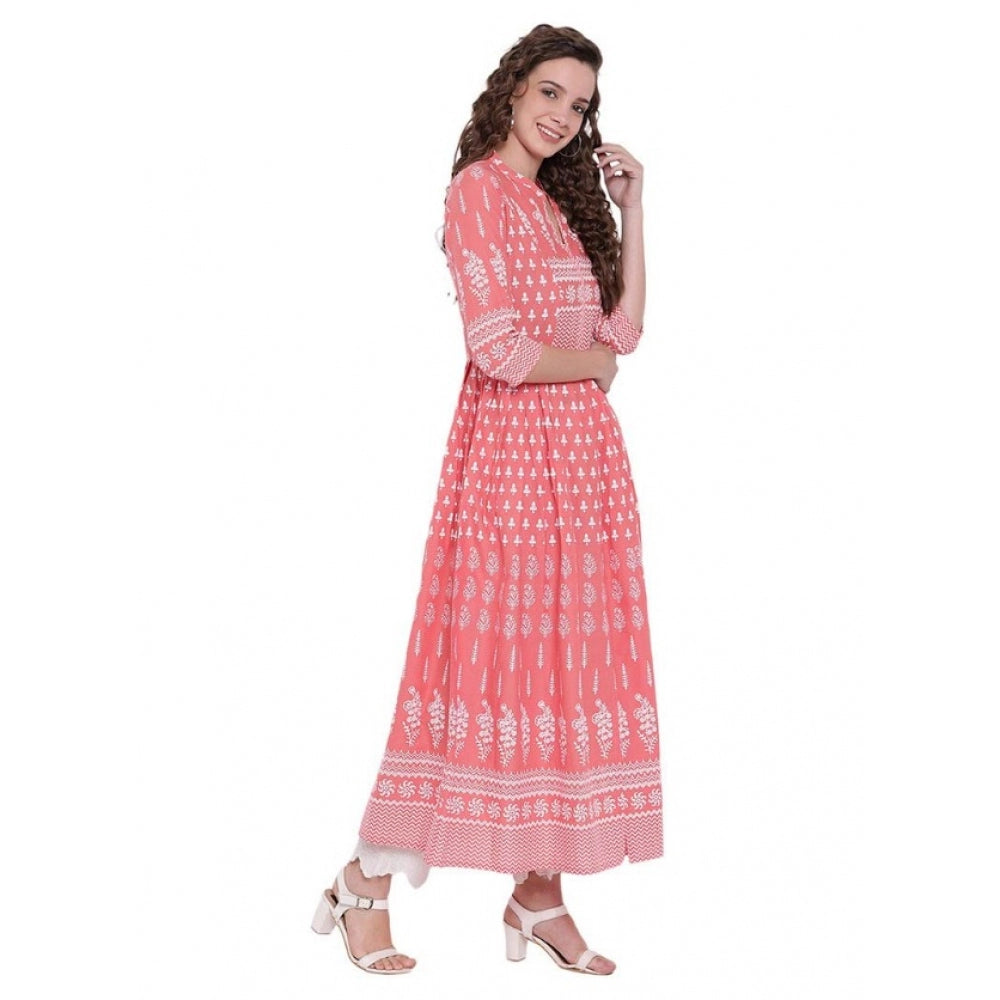 HD Women's Cotton Printed Regular Kurti (Peach, Cotton)