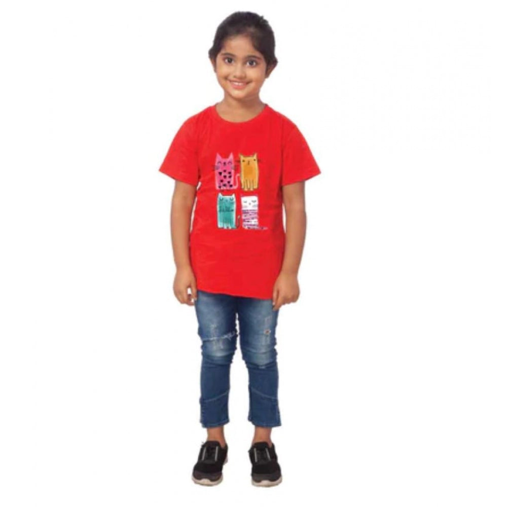 HamariDookan Girls Cotton Cat Half Sleeve TShirt (Red)