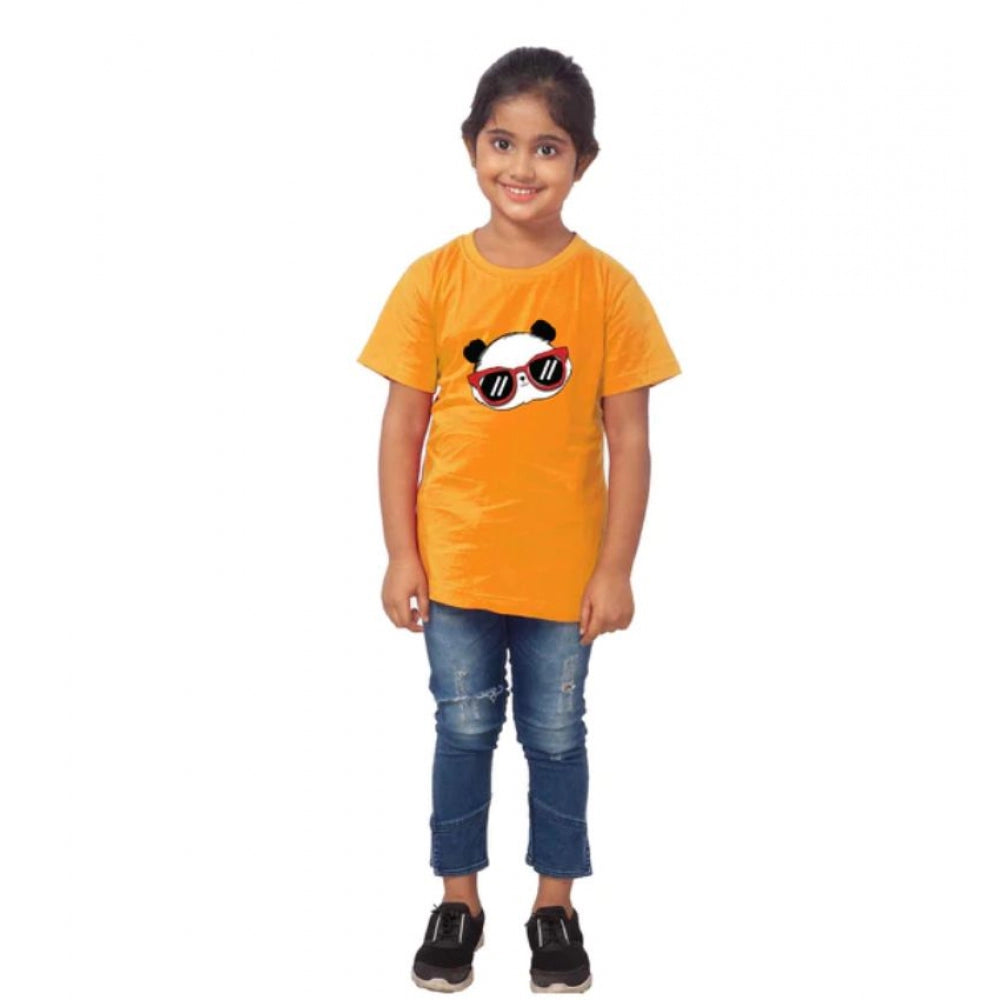 HamariDookan Girls Cotton Panda Glass Half Sleeve TShirt (Mustard)