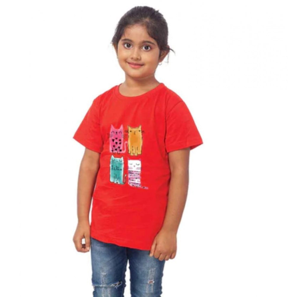 HamariDookan Girls Cotton Cat Half Sleeve TShirt (Red)