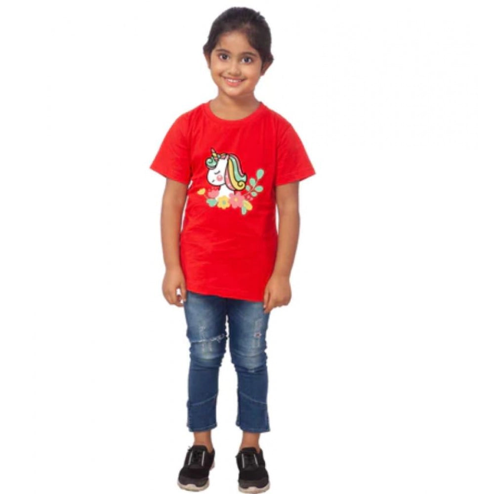 HamariDookan Girls Cotton Unicorn Face Half Sleeve TShirt (Red)