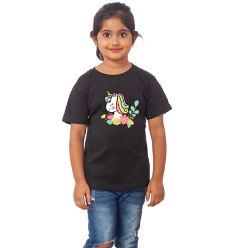 HamariDookan Girls Cotton Unicorn Face Half Sleeve TShirt (Black)