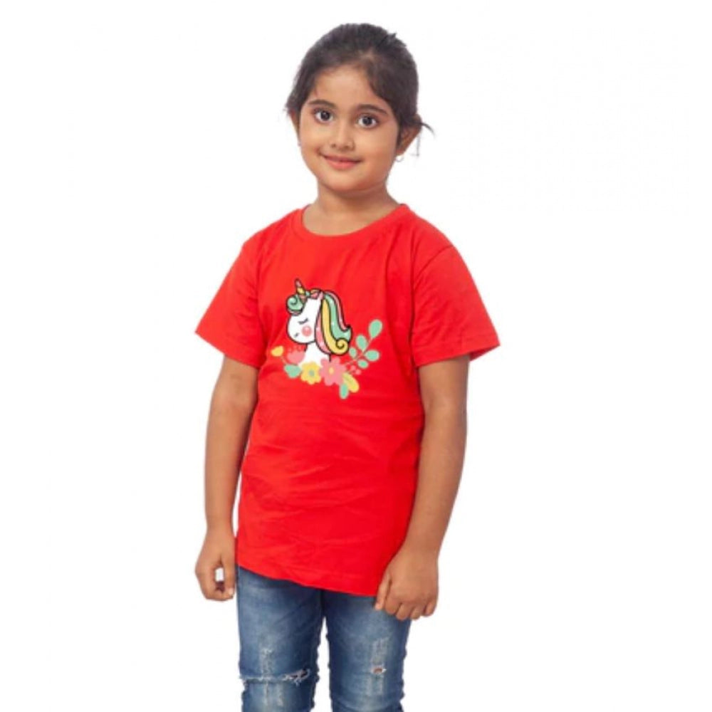 HamariDookan Girls Cotton Unicorn Face Half Sleeve TShirt (Red)