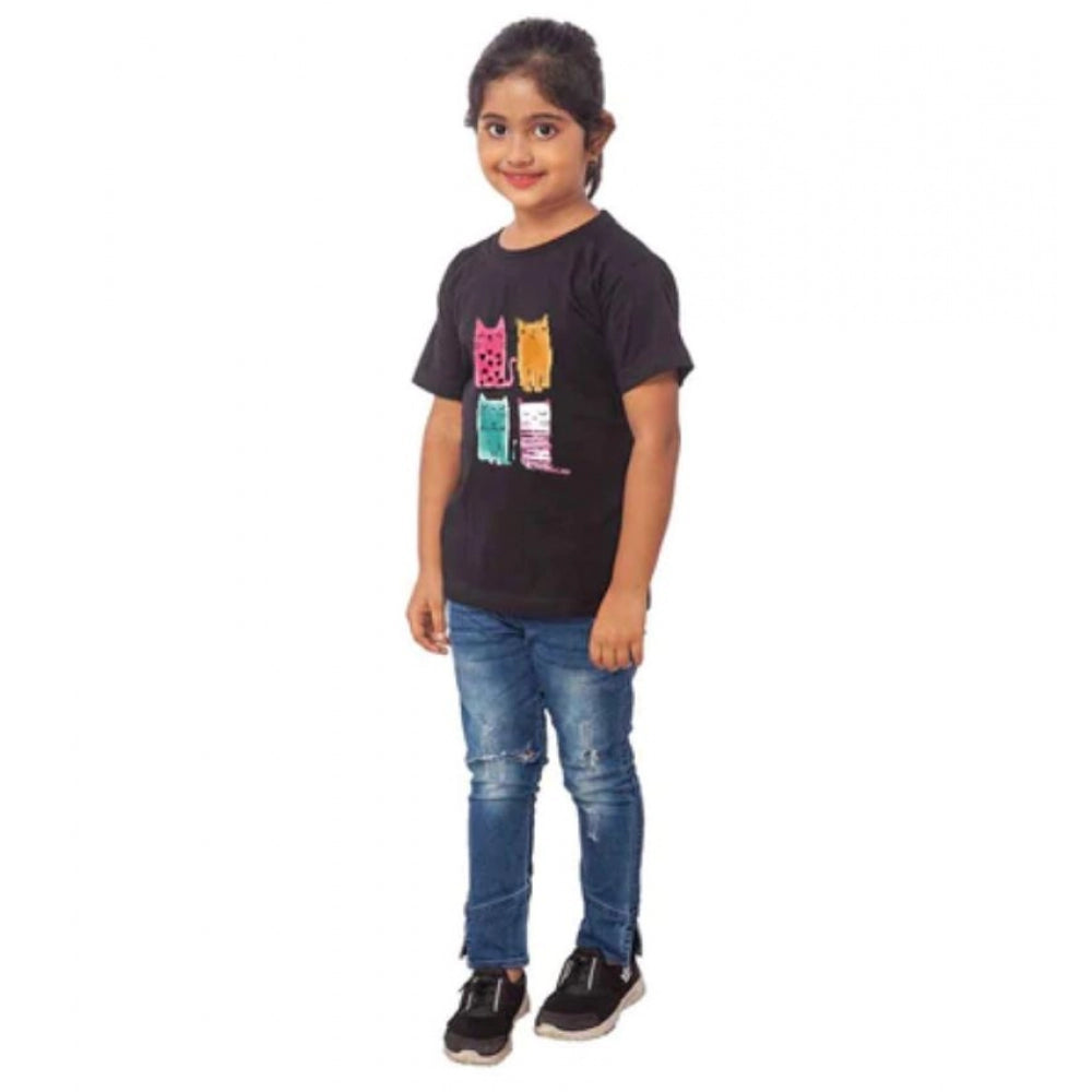 HamariDookan Girls Cotton Cat Half Sleeve TShirt (Black)
