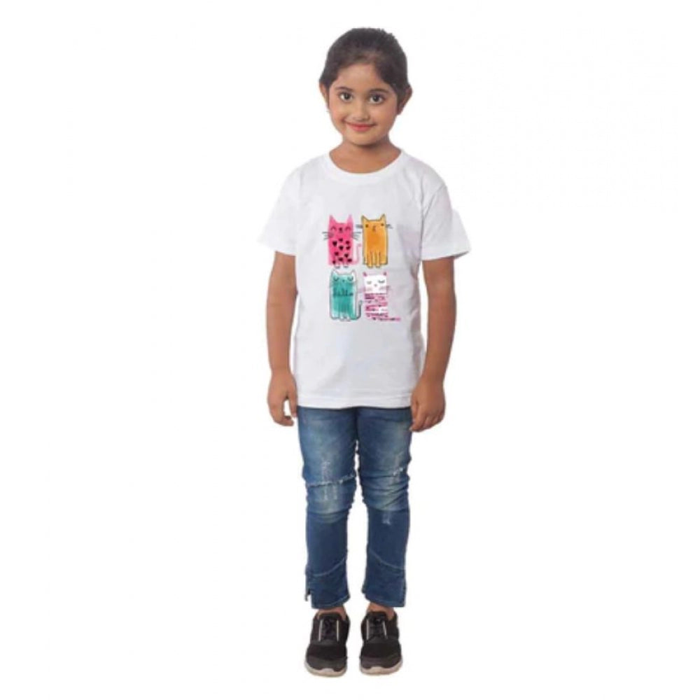 HamariDookan Girls Cotton Cat Half Sleeve TShirt (White)