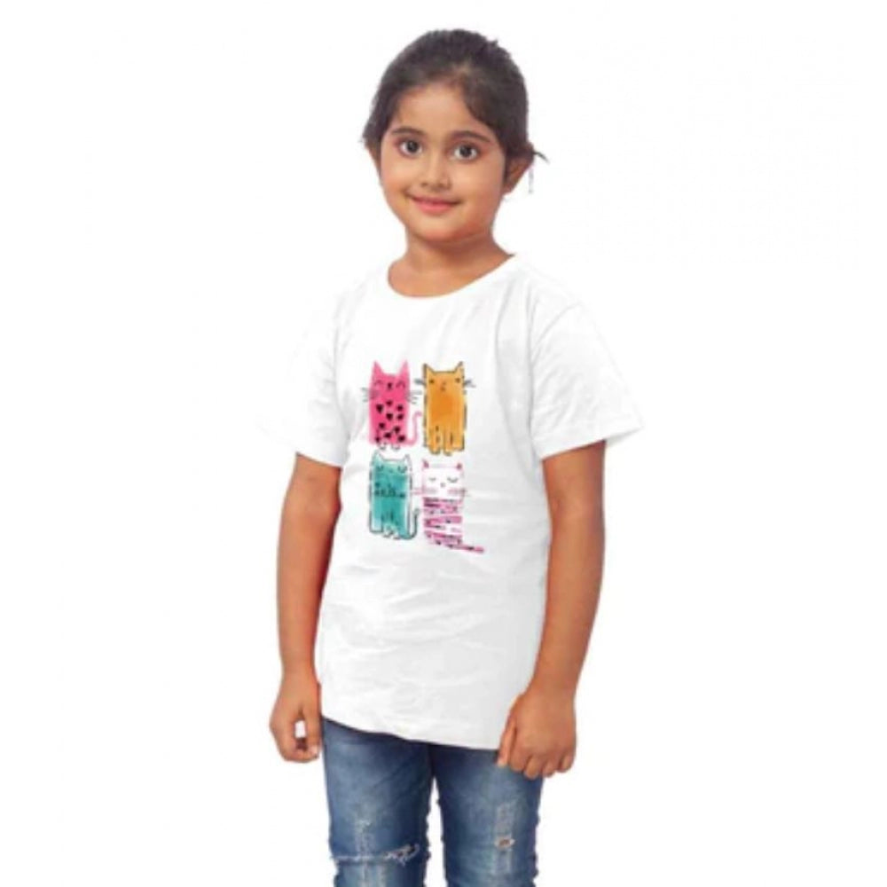HamariDookan Girls Cotton Cat Half Sleeve TShirt (White)