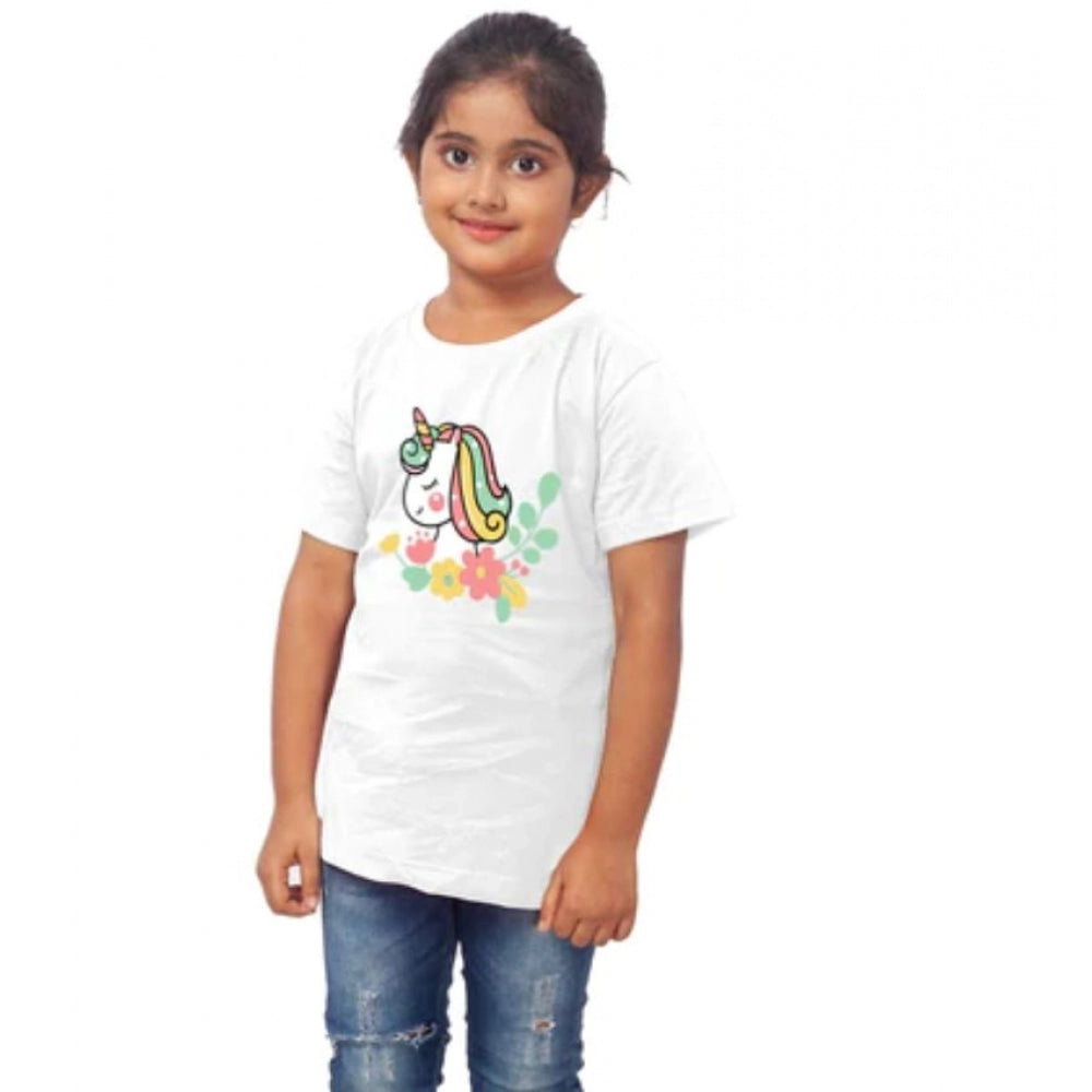 HamariDookan Girls Cotton Unicorn Face Half Sleeve TShirt (White)