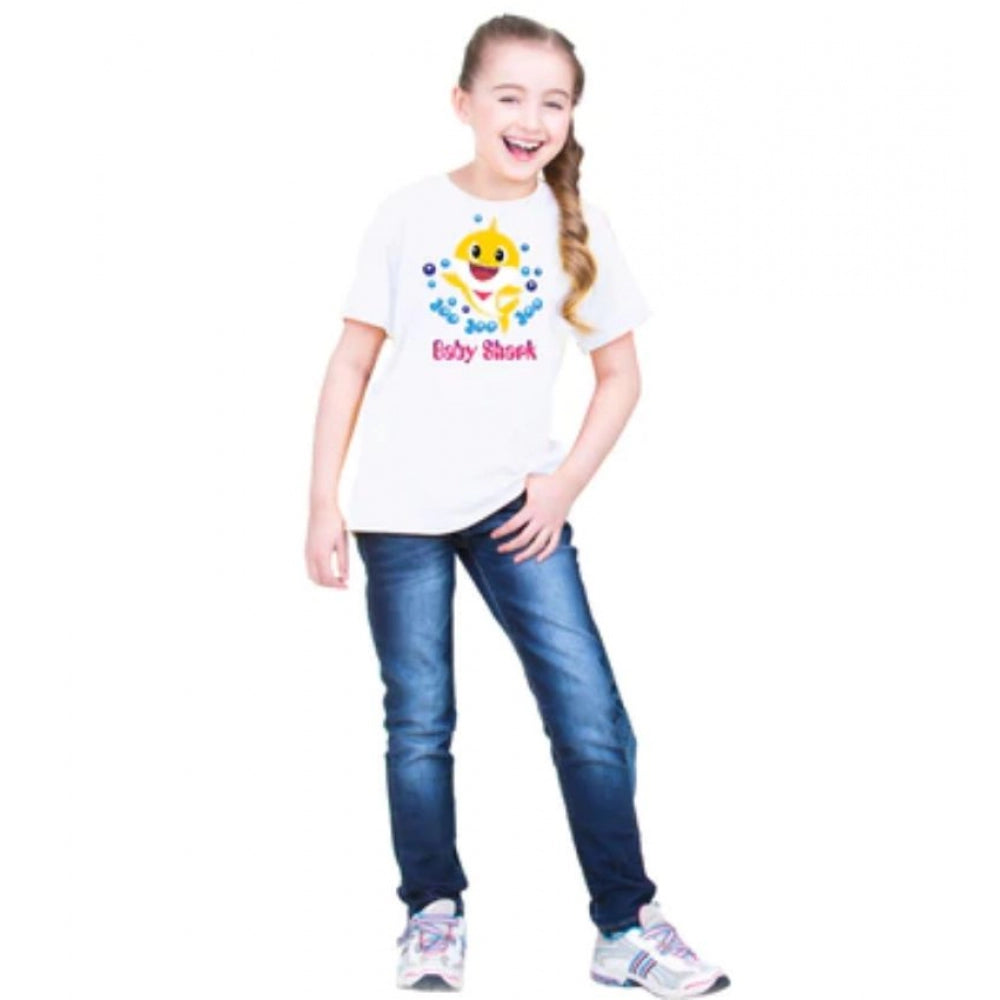 HamariDookan Girls Cotton Baby Shark Half Sleeve TShirt (White)