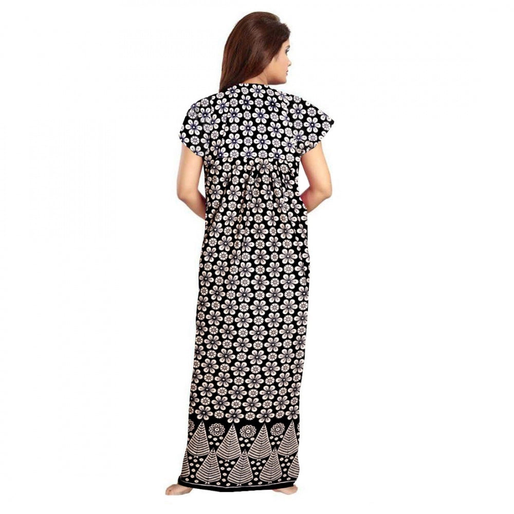 HD Women's Cotton Printed Maxi Nighty (Black)
