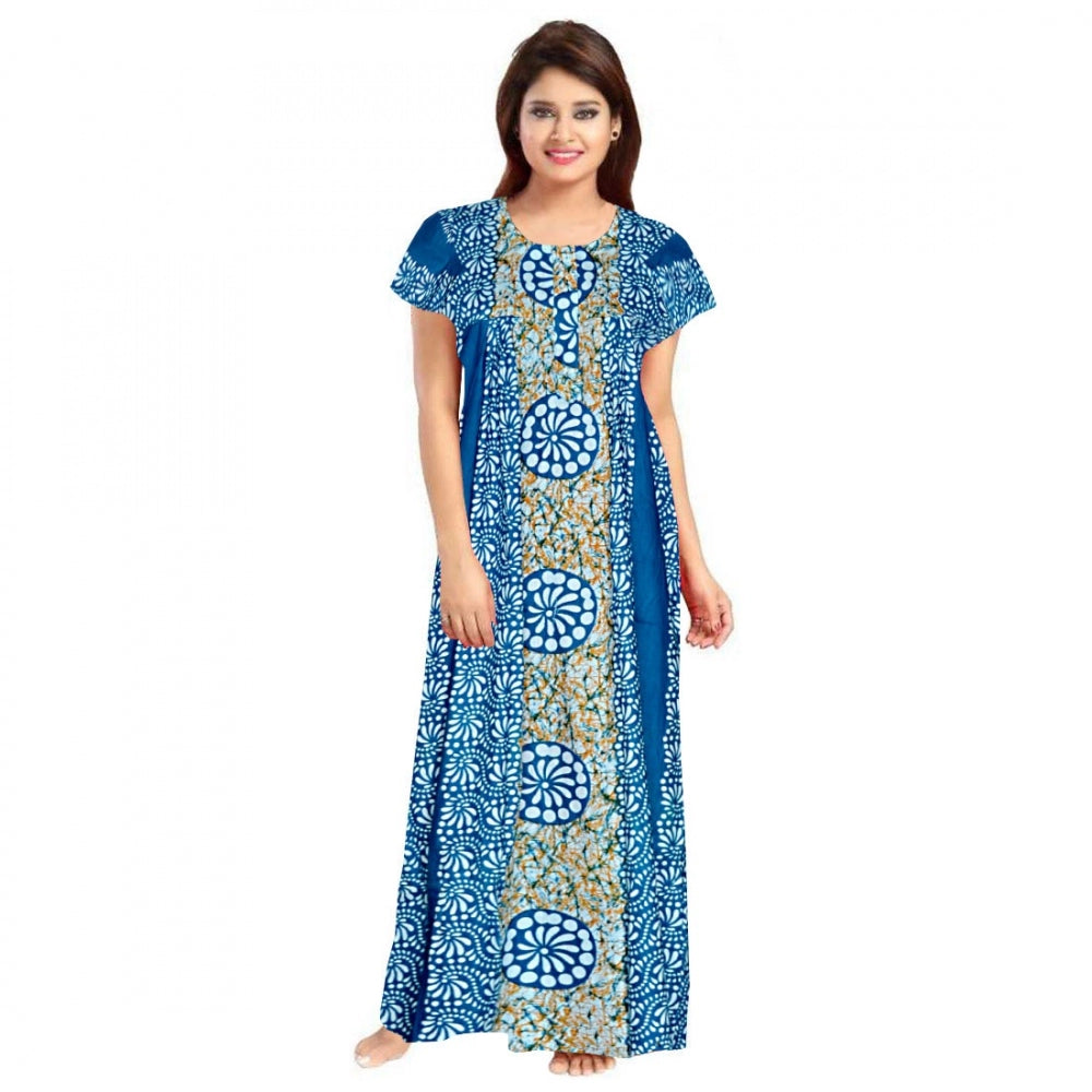 HD Women's Cotton Printed Maxi Nighty (Blue)