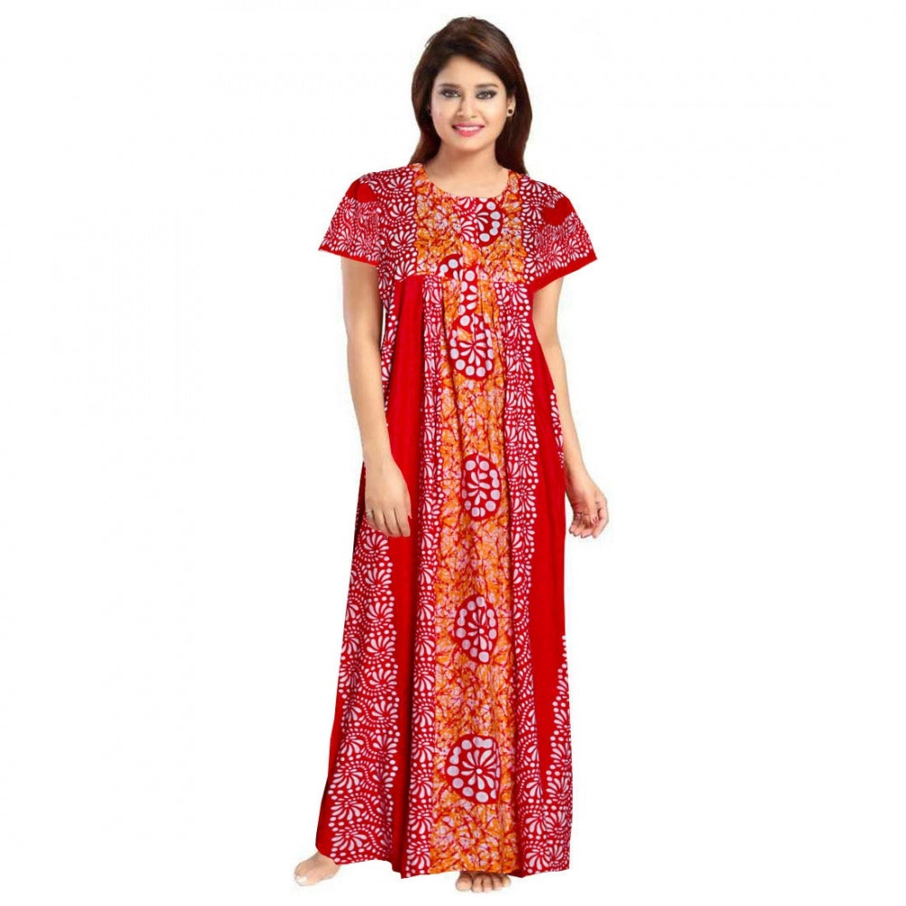 HD Women's Cotton Printed Maxi Nighty (Red)