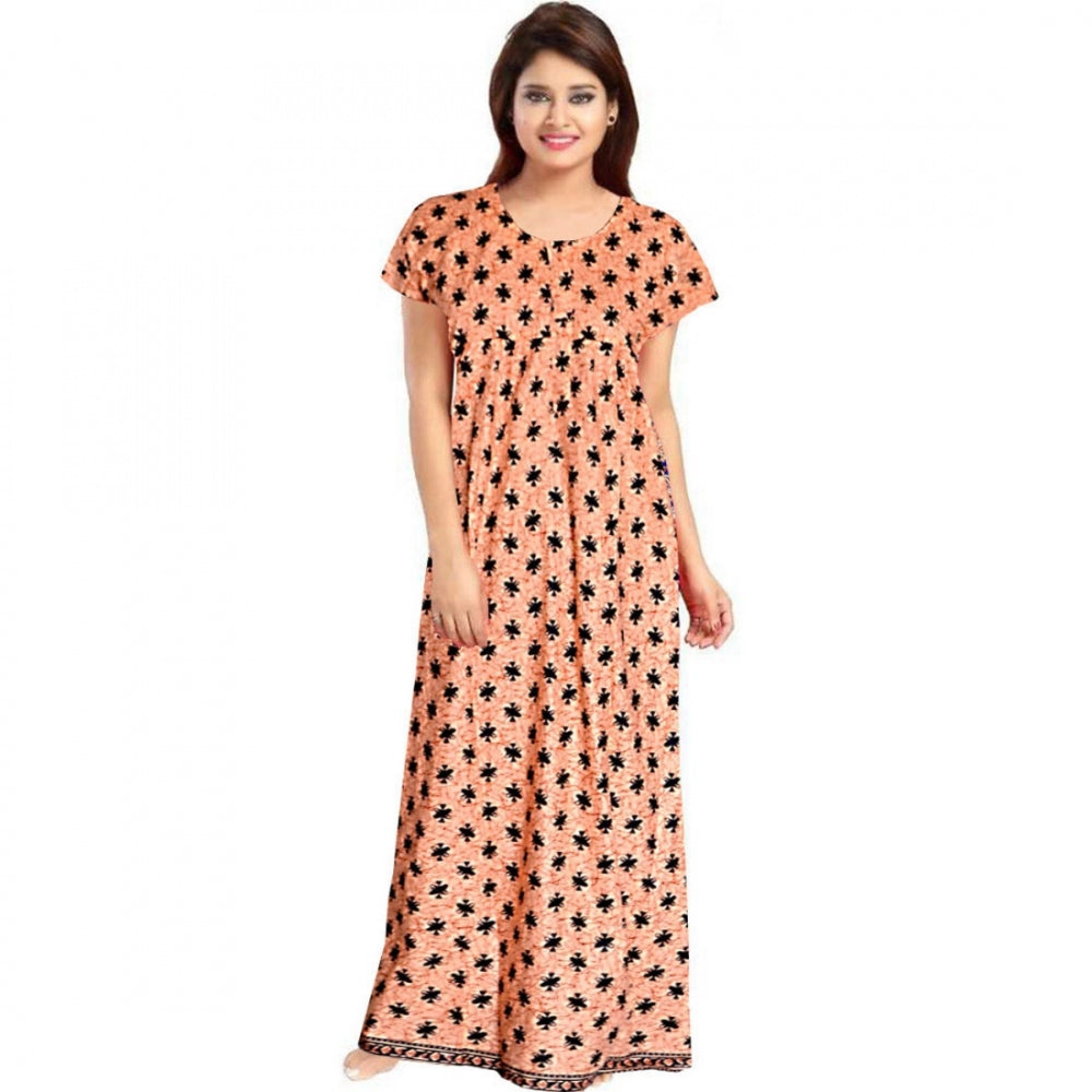 HD Women's Cotton Printed Maxi Nighty (Peach)