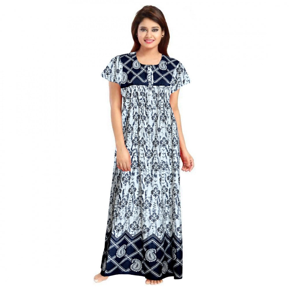 HD Women's Cotton Printed Maxi Nighty (Navy Blue)