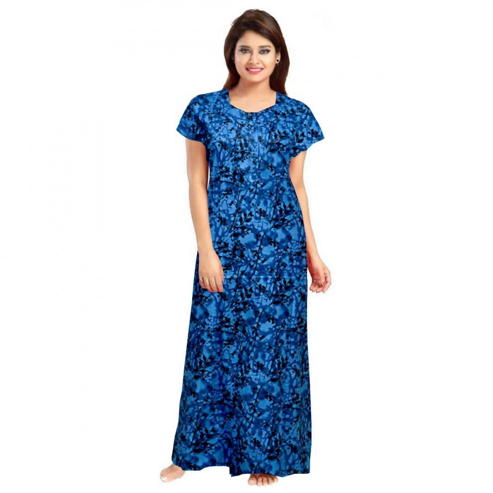 HD Women's Cotton Printed Maxi Nighty (Blue)