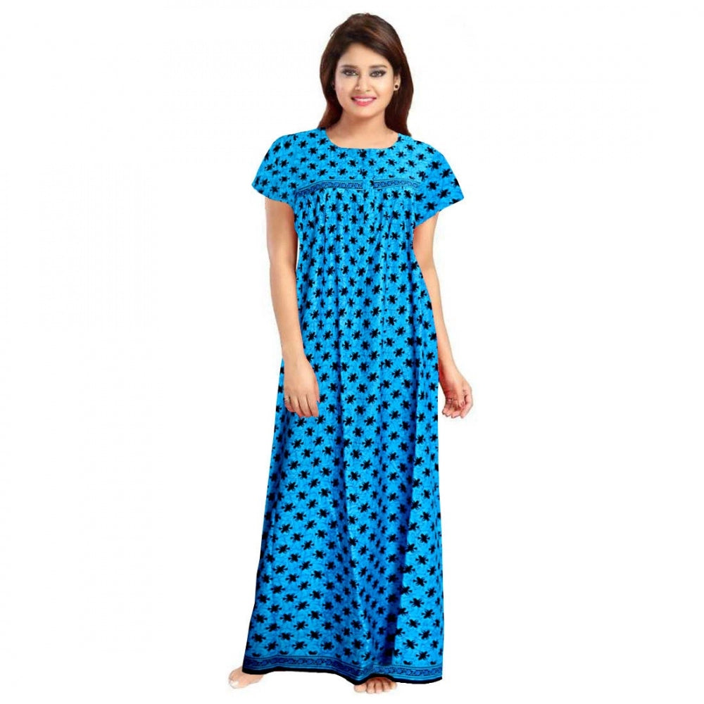 HD Women's Cotton Printed Maxi Nighty (Aqua Blue)