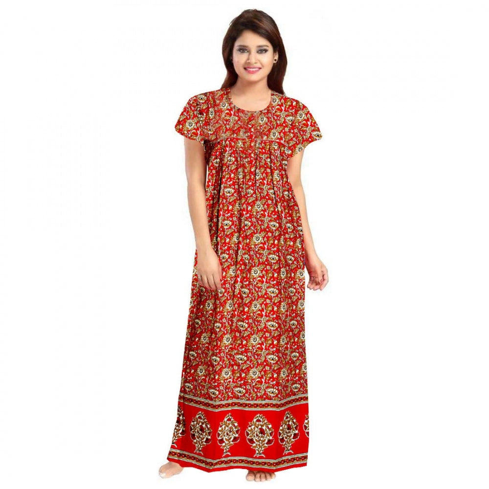 HD Women's Cotton Printed Maxi Nighty (Red)