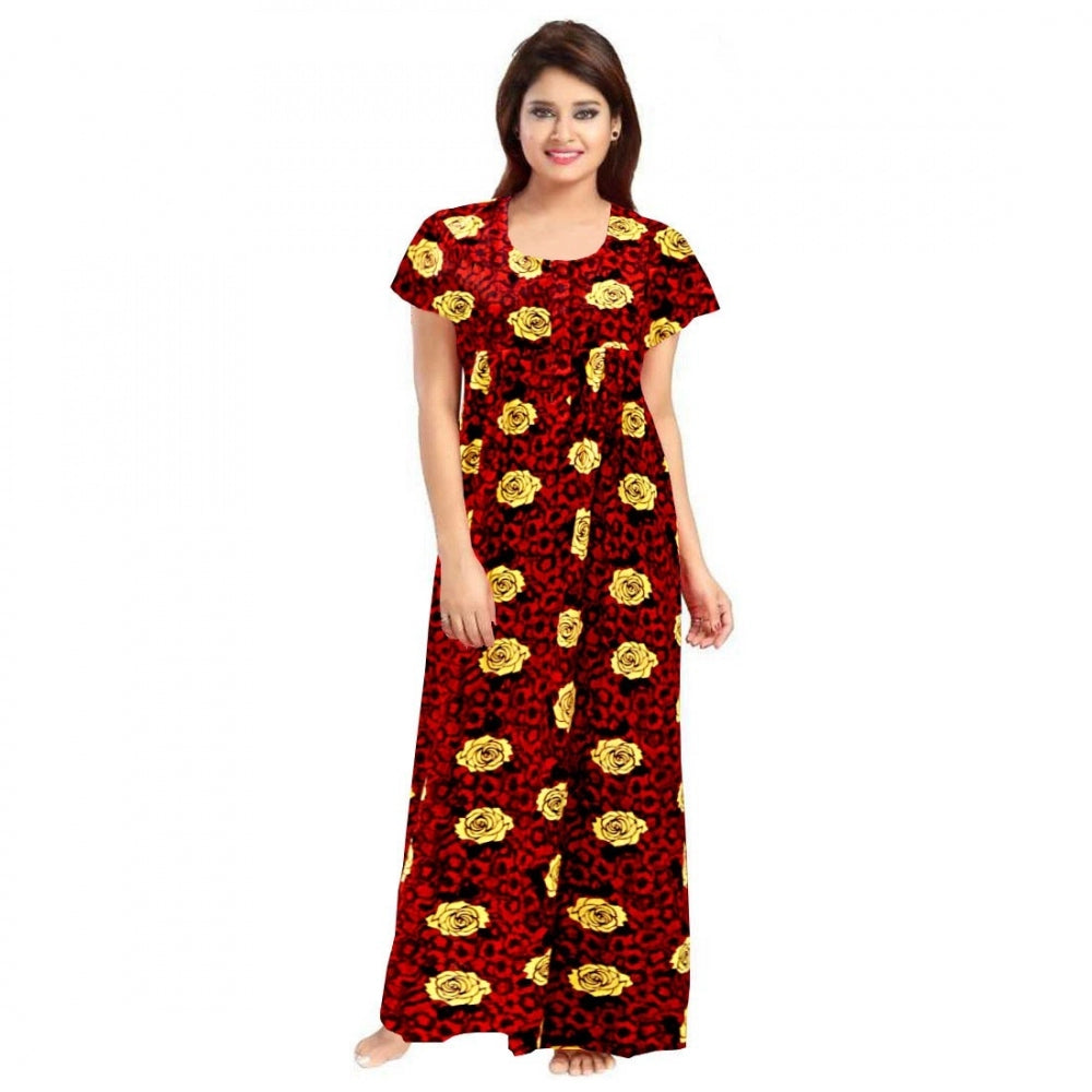 HD Women's Cotton Printed Maxi Nighty (Maroon)