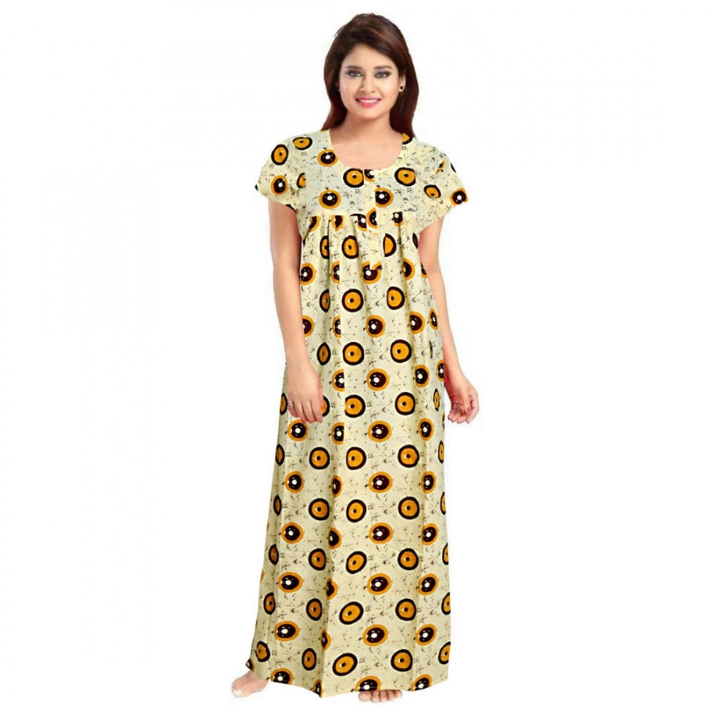 HD Women's Cotton Printed Maxi Nighty (Off White)
