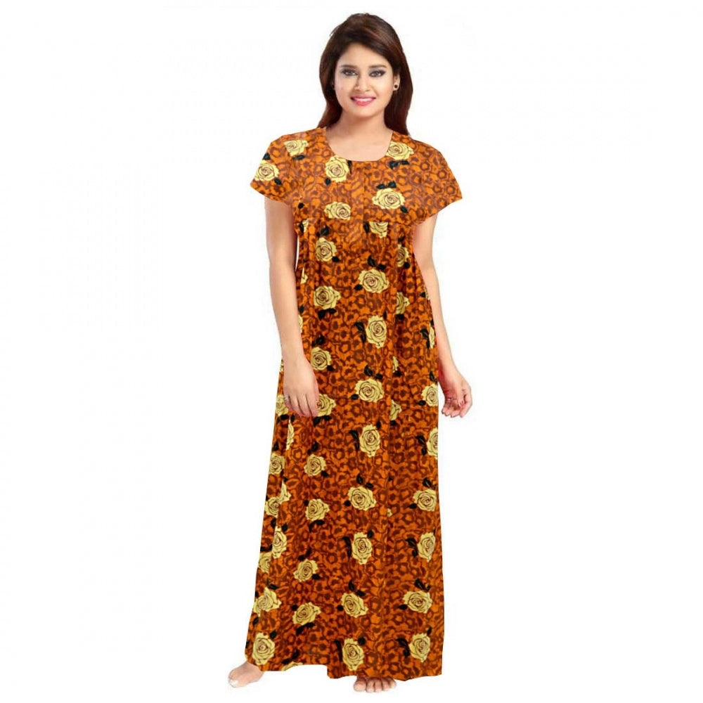 HD Women's Cotton Printed Maxi Nighty (Mustard)