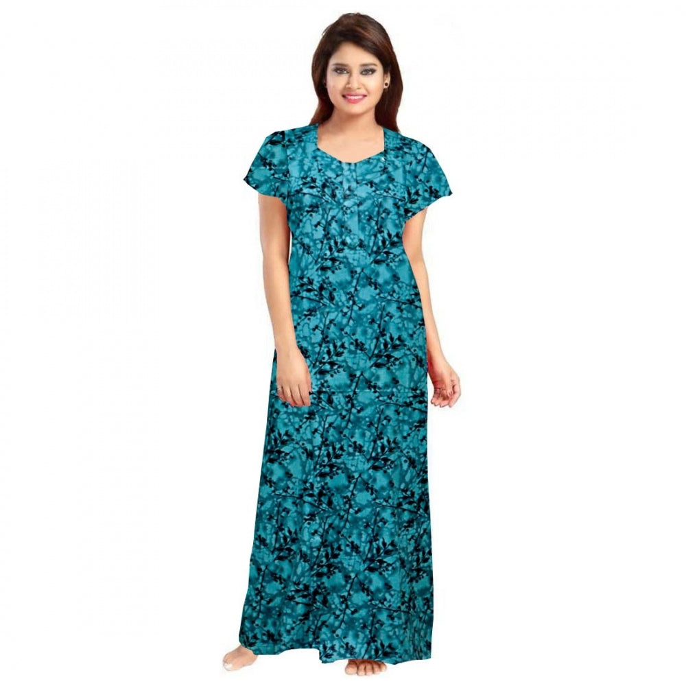 HD Women's Cotton Printed Maxi Nighty (Blue)