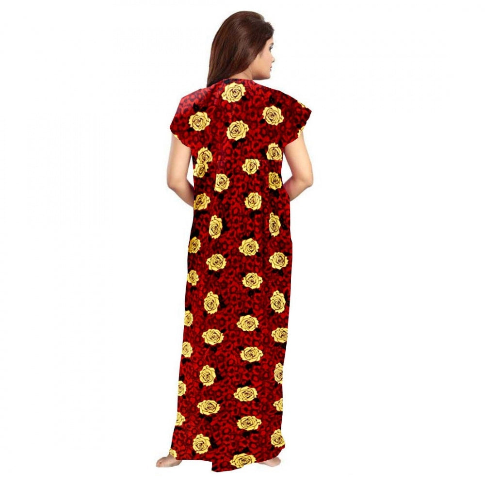 HD Women's Cotton Printed Maxi Nighty (Maroon)