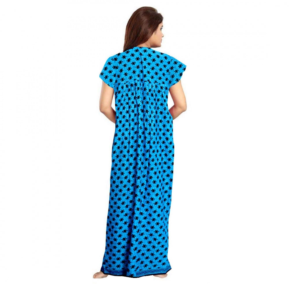 HD Women's Cotton Printed Maxi Nighty (Aqua Blue)