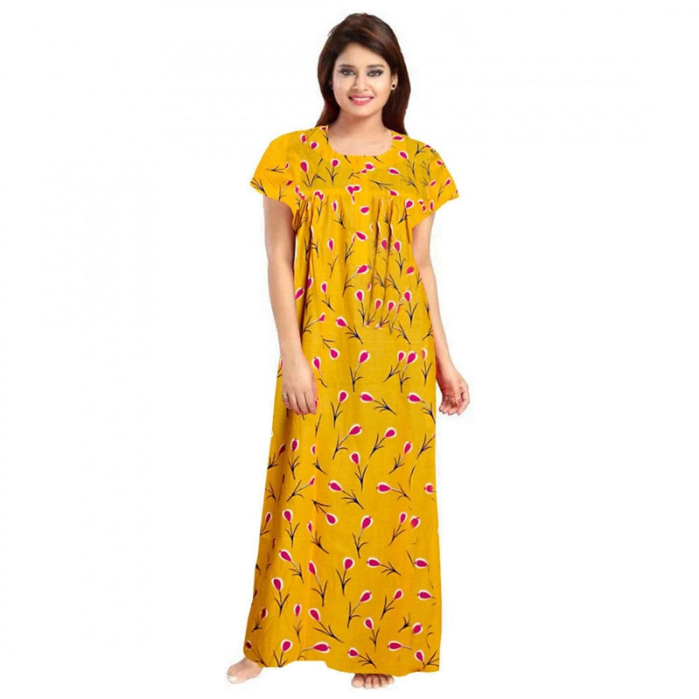 HD Women's Cotton Printed Maxi Nighty (Yellow)