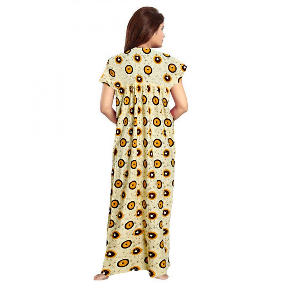 HD Women's Cotton Printed Maxi Nighty (Off White)