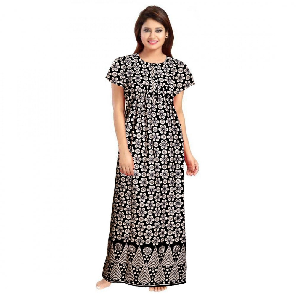 HD Women's Cotton Printed Maxi Nighty (Black)