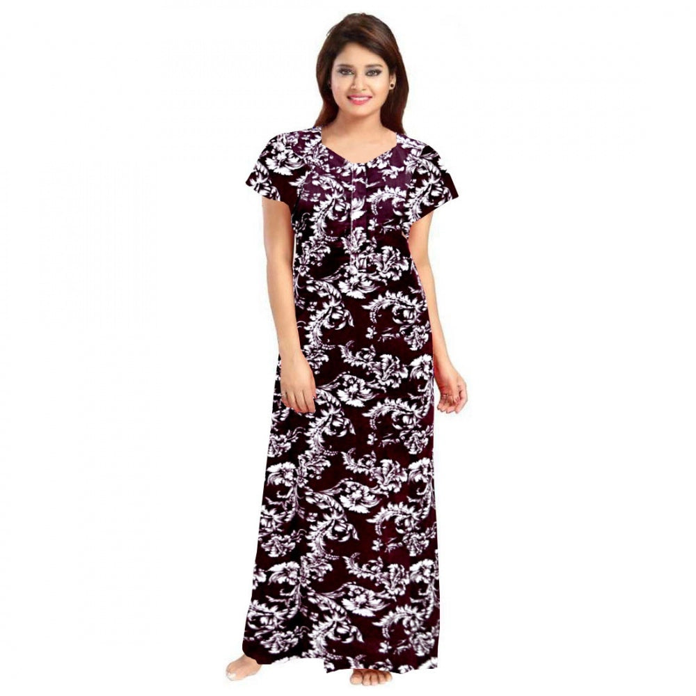 HD Women's Cotton Printed Maxi Nighty (Wine)