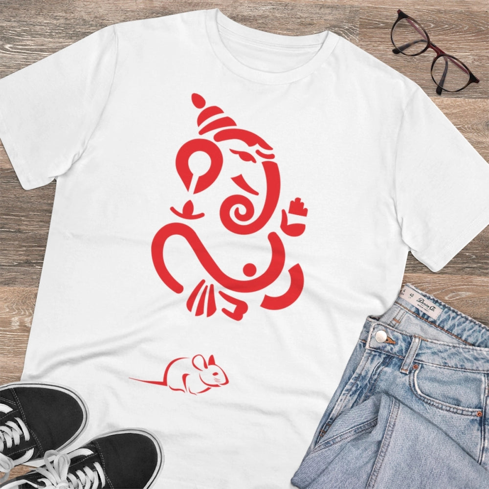 HamariDookan Men's PC Cotton Ganesh Printed T Shirt (Color: White, Thread Count: 180GSM)
